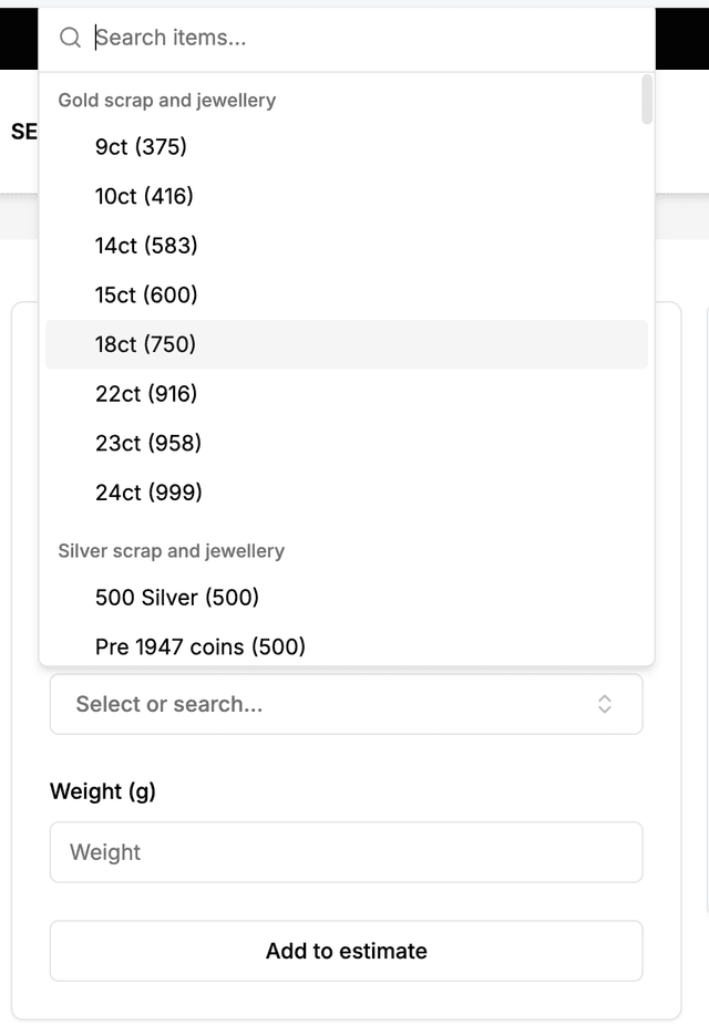 Scrap Gold Calculator, showing a selection of gold items and a calculator interface